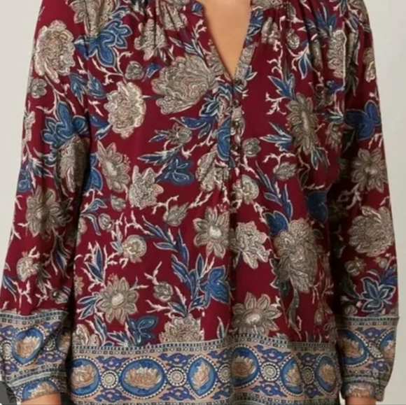 Lucky Brand Top Womens Medium Multicolor Floral Boho Trim Popover Blouse Ladies - Picture 2 of 3